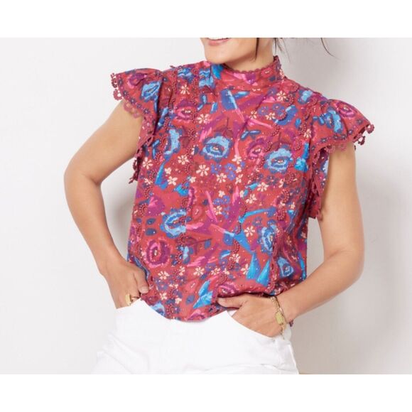 FARM Rio Tops - FARM Rio Pink and Blue Floral Flutter Sleeve Blouse